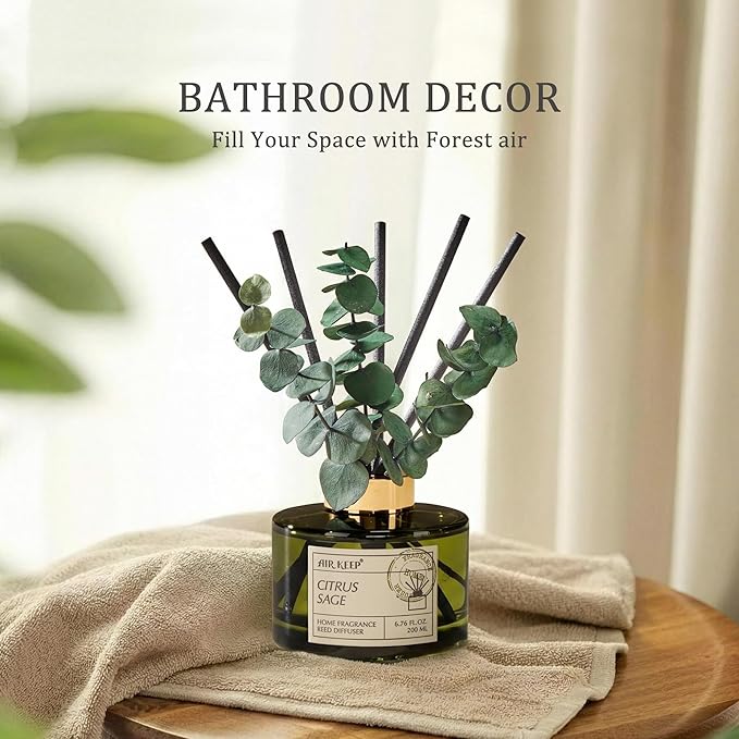 Airkeep Reed Diffuser Set with 6.76 fl oz Citrus&Sage Scent Essential Oils and 3 Leaves & 8 Diffuser Sticks,Bathroom Shelf Decor & Air Freshener, House Bedroom Office Decor & Gifts