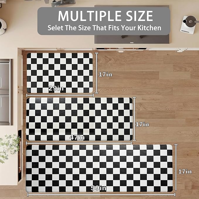 Beige Black Checkered Grid Checkerboard Kitchen Rug Sets [1 PC], Anti-Fatigue, Waterproof Non-Slip Kitchen Mats Heavy Duty Comfort Foam Rug for Kitchen, Floor, Laundry,17"x29"