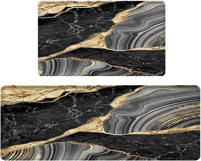 Bulijojo Black Ink Abstract Marble Anti Fatigue Kitchen Floor Mats Set of 2 Waterproof Kitchen Sink Runner Rug Standing Mat Cushioned Kitchen Rugs Comfort Doormat 17"x47"+17" x30“