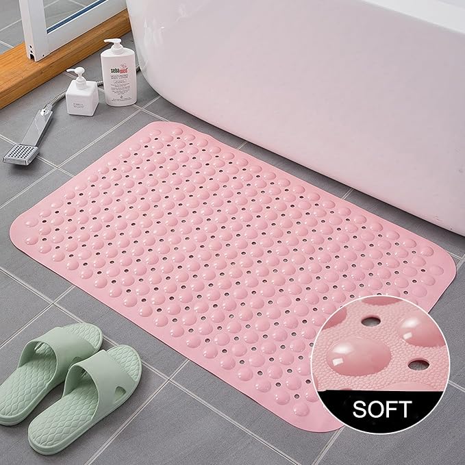 Bathtub and Shower Mats, 28 x 15 Inch Non-Slip Bath Mat, Machine Washable Bath Tub Mat with Suction Cups & Drain Holes for Bathroom, Beige
