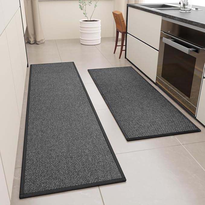 SUMLANS Kitchen Mat Set of 2 PCS, Cushioned Non Slip Rugs for Kitchen Floor, Absorbent Runner Comfort Standing Mats Washable for Kitchen, Office, Home, (Black, 17.3"x47"+17.3"x71")
