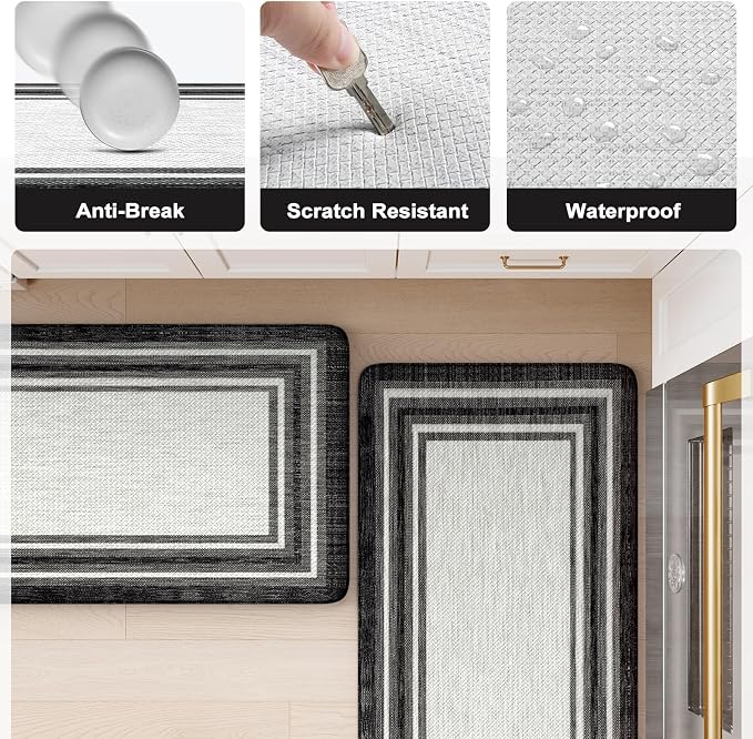 KIMODE Anti Fatigue Kitchen Mats for Floor 20"x59"+20"x32", Farmhouse Kitchen Rugs Sets of 2, Cushioned Non Slip Kitchen Mats for Floor, Comfort Kitchen Floor Mats for Sink Laundry Desk Black