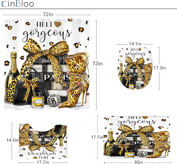 4Pcs Gold Black Leopard Shower Curtain Set, Luxury Cheetah Bathroom Curtain with Rug, Toilet Lid Cover, Bath Mat, Fashion Magazine Books Perfume High Heels Girly Shower Curtain with 12 Hooks
