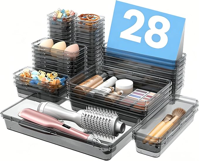 A-LuGei 【Military Grade Drawer Organizer, 【𝟱𝗦𝗶𝘇𝗲】 Makeup organizer, 【Holds 177 Items】 Bathroom Organizers and Storage, Organization and Storage, Desk Drawer Organizer for Vanity (Clear Black)