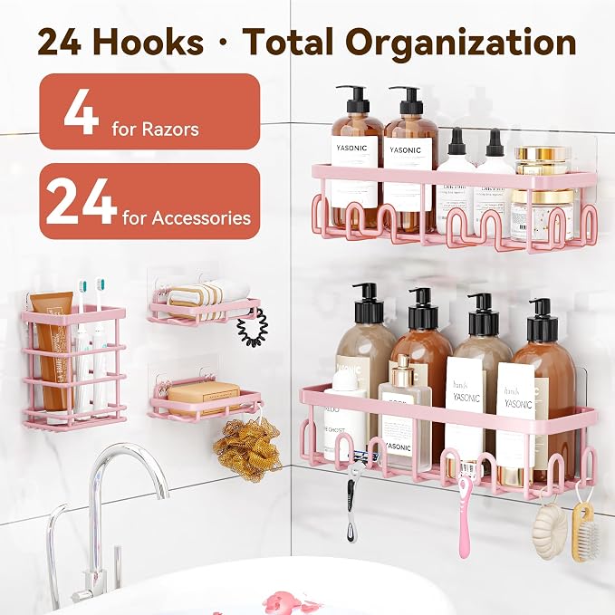 YASONIC Shower Caddy Adhesive, 100% Rustproof Shower Organizer with Soap and Toothbrush Holder, Large Capacity Shower Shelves for Inside Shower, No Drill Shower Storage for Home (5 Pack Pink)