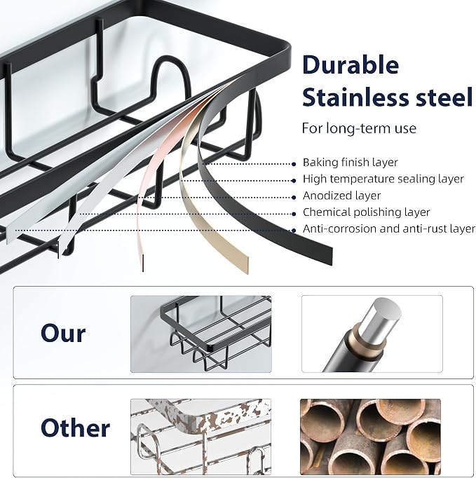 Shower Caddy Organizer with Hooks,Self Adhesive Bathroom Shelves,Shower Shelves,No Drilling Bathroom Organizers and Storage,Perfect for RV, Apartment, Home Decor,3 Pack Black