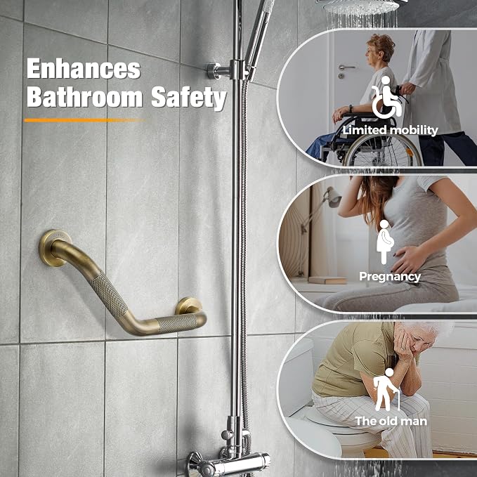 Grab Bars for Bathtubs and Showers- 1-1/4 x 16 Angled Shower Grab Bar for Seniors Knurled Stainless Steel Handicap Grab Bars for Wall (Antique Bronze, 1 Pack)