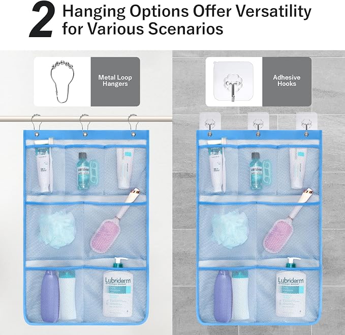 F-color Cruise Essentials 2026 - Mesh Shower Organizer Hanging with 7 Pockets for RV Gym Camping, Quick-Dry Portable Toiletry Bag with Metal Hooks for Bathroom Travel Toiletries, Blue+Blue