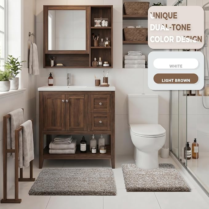 Yimobra Bath Rugs for Bathroom 32X20, Ultra Soft and Water Absorbent Bath Mats, Non Slip Plush Shower Rugs, Microfiber Thick Matts for Bathroom Floor/Tub, Machine Washable, Light Brown and White