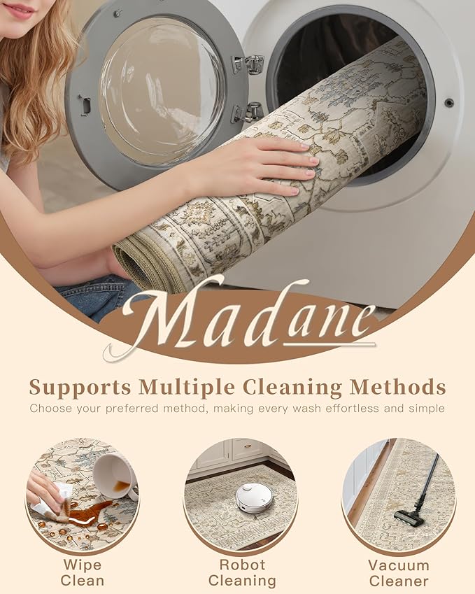 Madane Runner Rug 2'6''x8' Kitchen Runners, Printed Vintage Washable Hallway Rugs Soft Non-Slip Low Pile 2.5x8 ft Runners for Hallways Laundry Room Rug, Beige/Blue