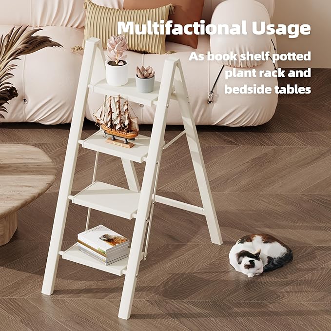 HillhutApex 4 Step Ladder, Lightweight Foldable 4 Step Stool with Anti-Slip Wide Pedal, 330lbs Capacity Aluminum Ladder for Household,Office,Garage(White)