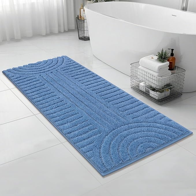 SHACOS Super Soft Bathroom Runner Rugs 24"x60" Non Slip Boho Bathroom Mats Microfiber Absorbent Carpet for Bath Room Machine Washable Shaggy Bath Rugs for Shower Bathtub Home Decor, Blue 2'x5'