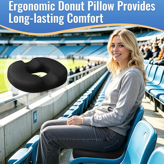 CloudBliss Donut Pillow Stadium Seat Cushion for Tailbone Pain Relief and Hemorrhoids, Memory Foam Seat Chair Cushion, Portable Seat Cushions for Bleachers, Car, Home & Office