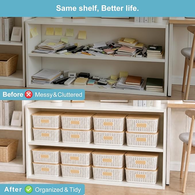 Bagnizer 4 Pack Plastic Storage Bins with Bamboo Lids, 6.2qt Stackable Storage Organizer Box with Lable for Pantry Shelves Drawers Desktop Office, 12"L x 8.3"W x 3.5"H, Cream White