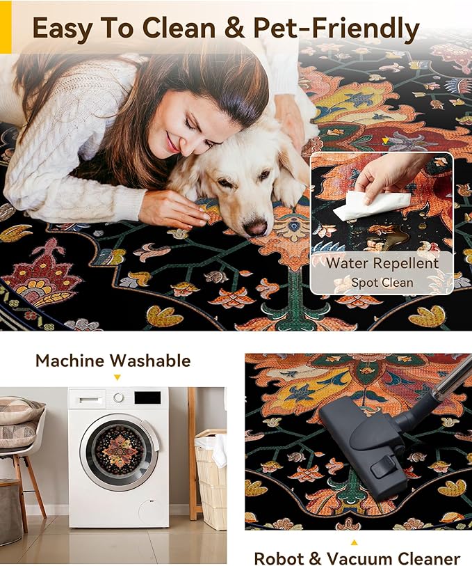 RELEANY Area Rugs Round 7ft Washable Non-Slip, Floral Vintage Distress Medallion Carpet for Living Room Bedroom Dining Room, Black Colorful Floral Dark Tan