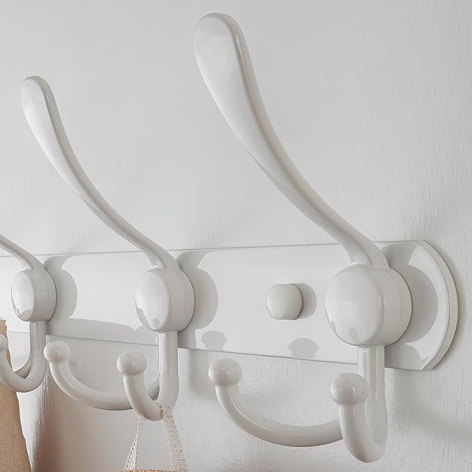Dseap Wall Mounted Coat Rack - 5 Tri Hooks, Heavy Duty, Stainless Steel, Metal Coat Hook Rail for Coat Hat Towel Purse Robes Mudroom Bathroom Entryway (White, 2 Packs)