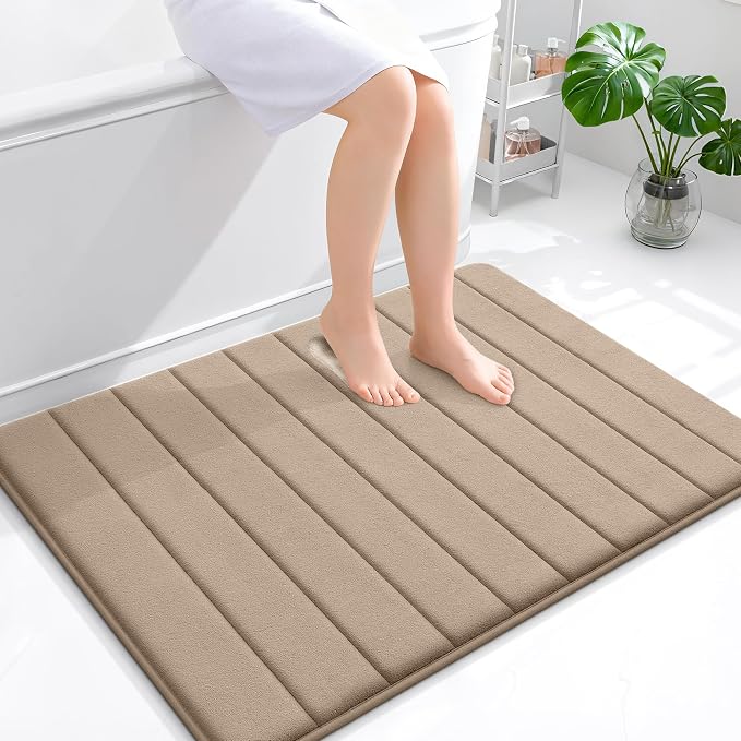 OLANLY Memory Foam Bath Mat 40x32, Super Soft Absorbent Bathroom Rugs, Quick Dry, Machine Washable Shower Floor Rugs, Bathmat Carpet, Bathroom Home Decor Accessories, Tan