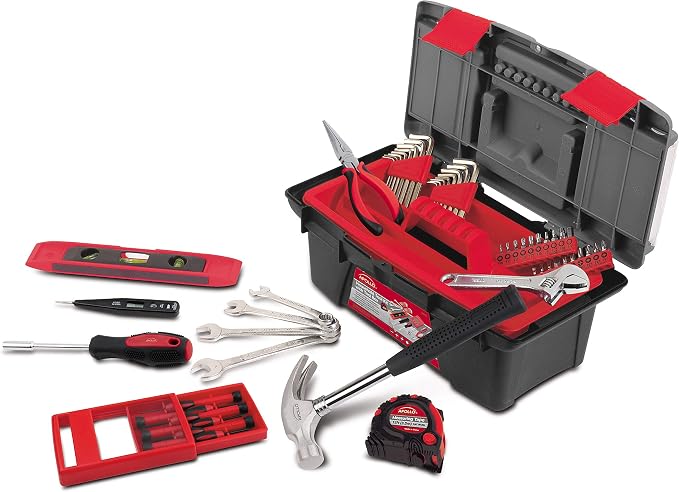 Apollo Tools 53 Piece Household Tool Set Includes Tools and Tool Box with a Selection of Most Needed Tools for Basic DIY Repairs, Maintenance and Crafts - Red