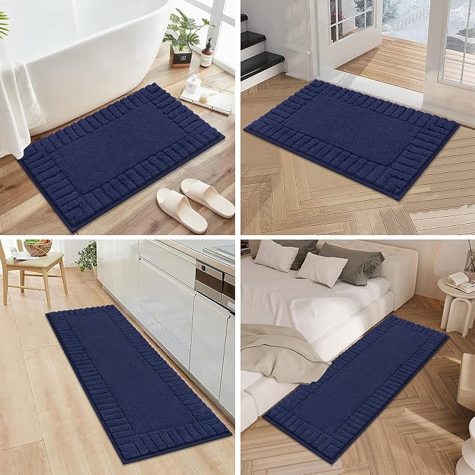Pauwer Bathroom Rugs Sets 3 Piece Bathroom Shower Rugs with U-Shaped Contour Toilet Mat Absorbent Microfiber Plush Bath Mats Non Slip Bath Rugs Machine Washable Shaggy Bath Mat Set, Navy