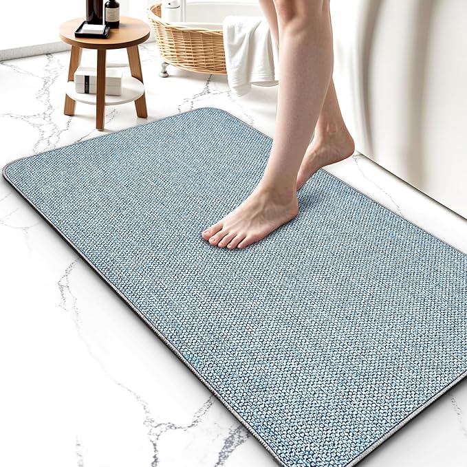 Upgraded Bath Mat 24x48Inch, Thin Bath Mats Rugs with Rubber Backing Non-Slip, Absorbent,Quick Dry Machine Washable, Home Decor Accessories Cozy Cloth Bathroom Rugs fit Under Door/Sink/Tub/Shower-Blue