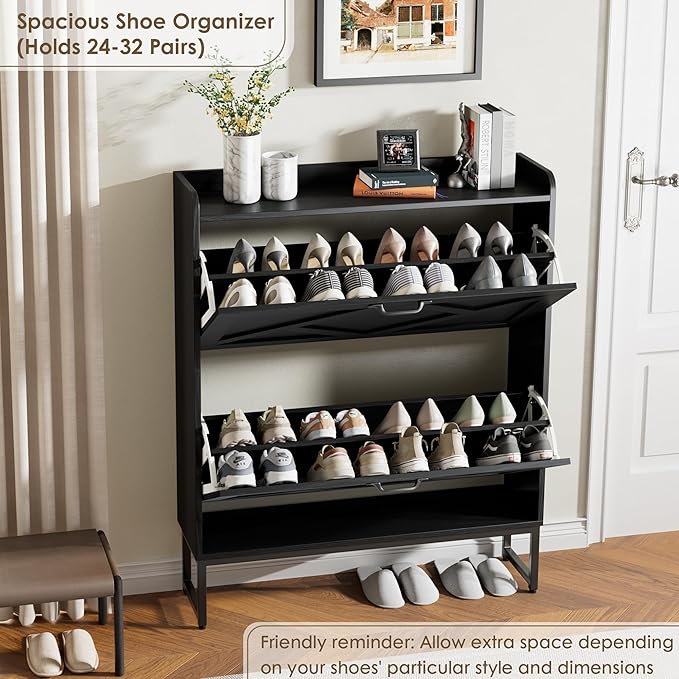 Nicetree Shoe Storage Cabinet with 2 Flip Drawers, Freestanding Shoe Organizer, Shoe Cabinet with Metal Legs, Narrow Shoe Rack Cabinet, Farmhouse Slim Shoe Cabinet for Entryway, Foyer, Hallway, Black