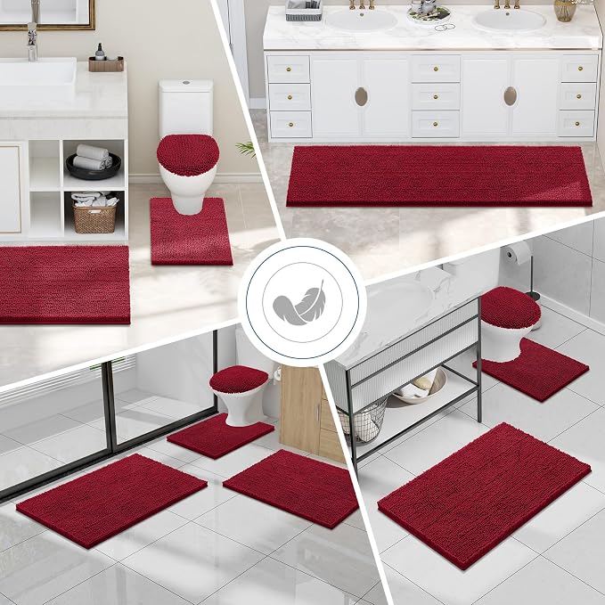 Smiry Luxury Chenille Bathroom Rugs 40x24, Extra Soft and Absorbent Shaggy Bath Mat, Machine Washable, Non-Slip Plush Carpet Runner for Tub, Shower, and Floor, Home Decor Accessories, Red