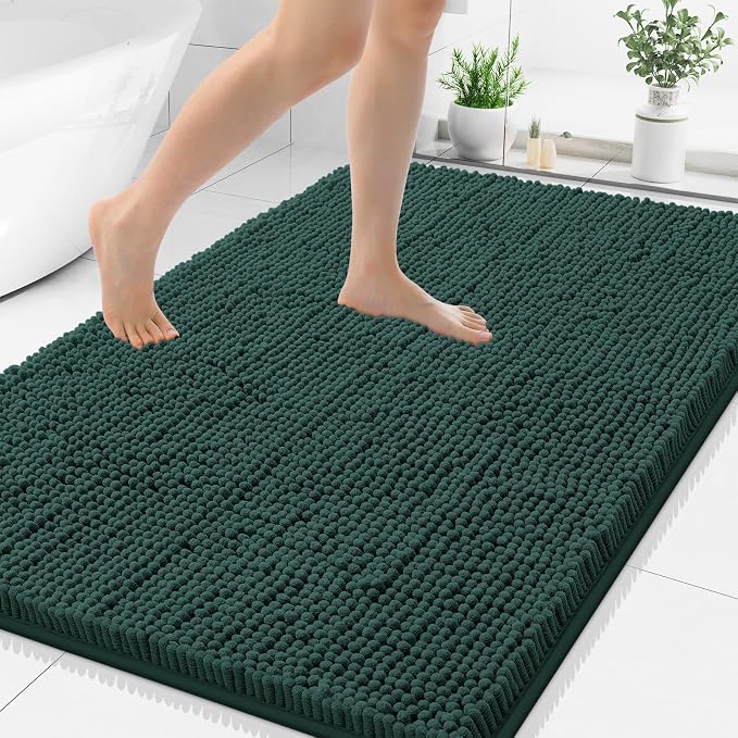 Smiry Luxury Chenille Bathroom Rugs 48x32, Extra Soft and Absorbent Shaggy Bath Mat, Machine Washable, Non-Slip Plush Carpet Runner for Tub, Shower, and Floor, Home Decor Accessories, Green