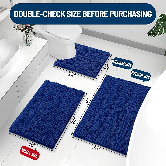 Grandaily Chenille Striped Bathroom Rugs 30x20, Extra Thick and Absorbent Bath Mats, Non-Slip Soft Plush Shaggy Shower Carpet, Machine Wash Dry, Bath Rug for Bathroom, (Medium, Royal Blue)