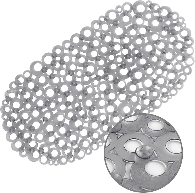 WELTRXE Oval Bathtub Mat Non Slip, Grey Bubbles Bath Mats for Tub, Shower Mat with Drain Holes, Suction Cups, Machine Washable Bath Tub Mat, BPA, Latex, Phthalate Free for Bathroom, 27 x 14 Inch