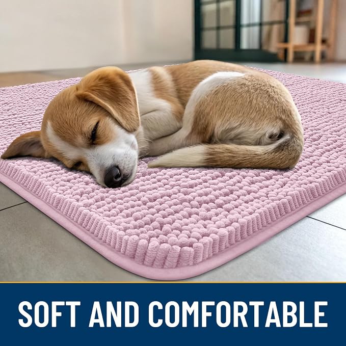 Smiry Dog Door Mat for Muddy Paws 40x32, Absorbent Dirt Trapper, Non-Slip Washable Chenille Entryway Rug for Inside Floor, Dusty Rose, Classic Solid
