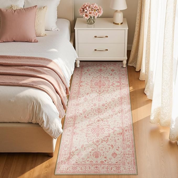 RELEANY Area Rugs Runner 2'x6' Washable Non-Slip, Floral Vintage Distress Medallion Carpet for Kitchen Hallway Bedroom Beside Laundry Room Bathroom, Pink Light Vintage Pink