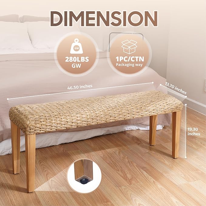Outdoor Backless Bench, All-Weather Wicker & Solid Acacia Wood, Premium Garden Bench with Woven Rattan Seat and Thick Outdoor Cushion for Patio, Porch, Living Room or Entryway (Natural, PE Wicker)