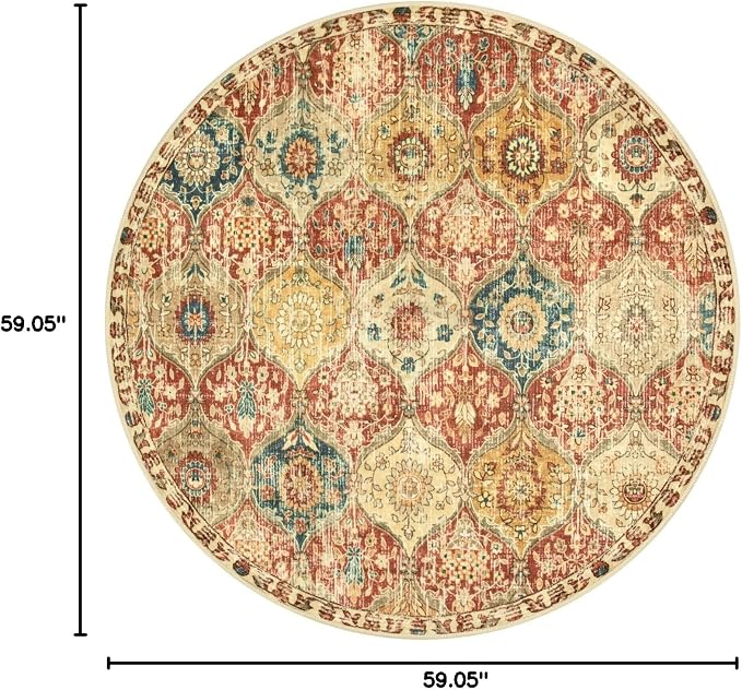 Lahome Moroccan Trellis Washable Round Area Rug, Round Rug 5ft Soft Non-Slip, Non-Shedding Distressed Circle Carpet for Bedroom Living Room Bathroom Nursery Kitchen Elise, Red/Orange
