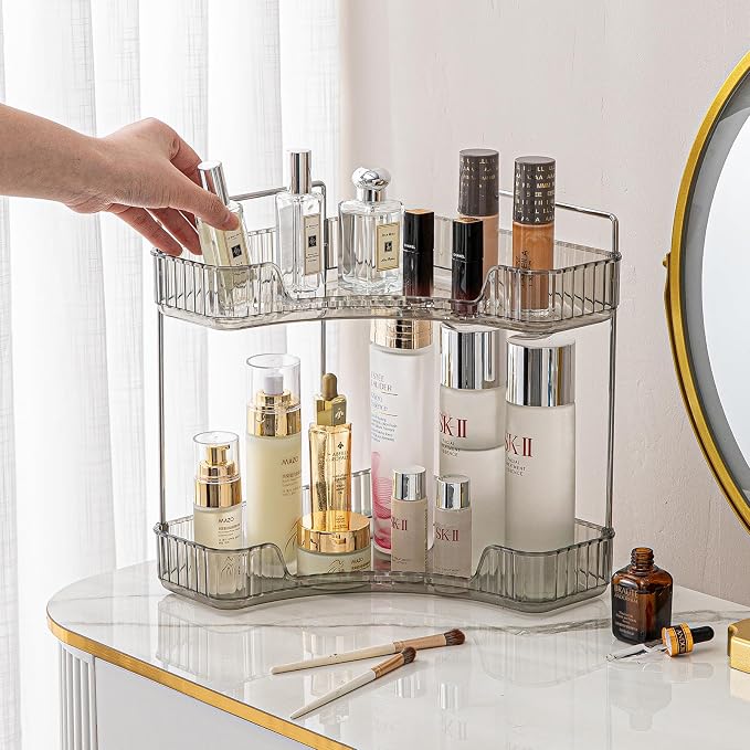 shuang qing 2-Tier Corner Bathroom Counter Organizer – Classic Storage Shelf for Makeup, Perfume & Toiletries, Space-Saving Countertop Tray Fits Bathroom, Dresser, Kitchen (Slate Gray)