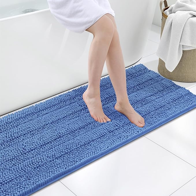 Grandaily Chenille Striped Bathroom Rugs 47x20, Extra Thick and Soft Absorbent Bath Mats, Rubber Backing, Plush Shaggy Shower Carpet, Machine Wash Dry, Bath Rug for Bathroom, Cornflower Blue