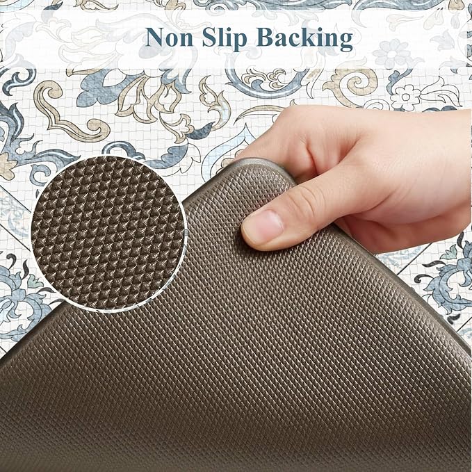 KIMODE Kitchen Floor Mats Cushioned Anti Fatigue,Boho Vintage Floral Rugs Sets of 2,Ergonomic Memory Foam Carpet Non Slip, Comfort Runner for Sink Laundry Office,Light Blue 17"x29.5"+17" x47”