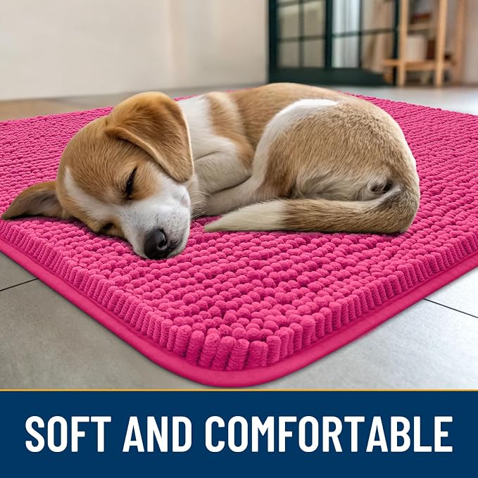 Smiry Dog Door Mat for Muddy Paws 40x32, Absorbent Dirt Trapper, Non-Slip Washable Chenille Entryway Rug for Inside Floor, Hot Pink, Classic Solid