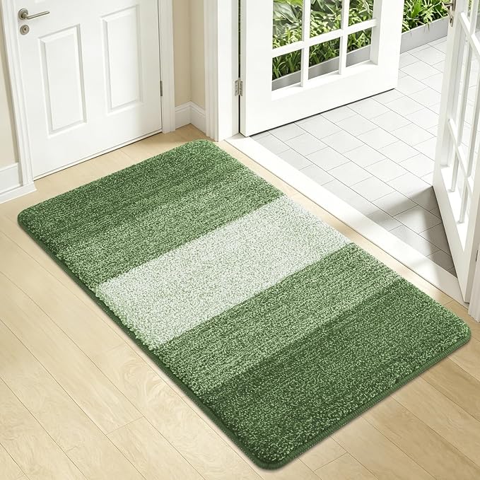 Kitinjoy Indoor Outdoor Door Mat, 34x21 Non-Slip Absorbent Dirt Trapper, Low-Profile Washable Inside Entrance Front Floor Mat, Sturdy Soft Entry Doormats for Entryway, Green