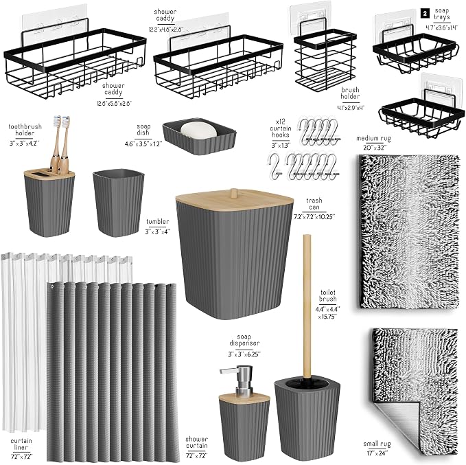 Clara Clark Bathroom Accessories Set - 27PC Bathroom Set with Adhesive Corner Shower Caddy Hanging, Bathroom Sets with Shower Curtain and Rugs, Ombre Grey Shower Curtain Set with Bathroom Trash Can