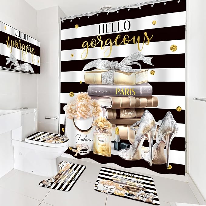 4Pcs Black Yellow Shower Curtain Set, Fashion Flower Perfume Women Girl Girly Modern Bathroom Curtain with Rug, Toilet Lid Cover, Bath Mat, High Heels Magazine Shower Curtain with 12 Hooks