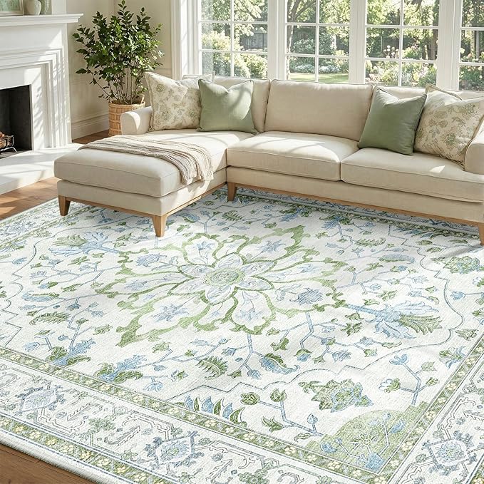 RELEANY Area Rugs 7'x9' Washable Non-Slip, Floral Vintage Distress Medallion Carpet for Living Room Bedroom Dining Room, Green White Blue