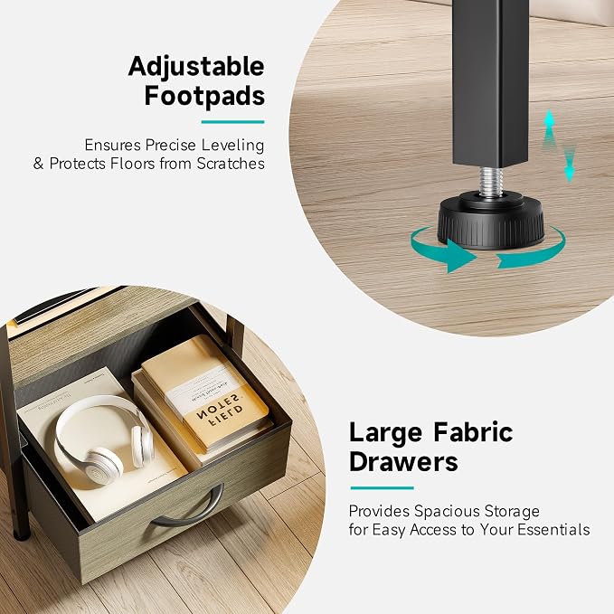 Lazzanto Grey NightStand with Charging Station - Morden Nightstand with USB Ports & AC Outlets, Grey End Table with Storage Shelf & 4 Fabric Drawers, LED Light Strip