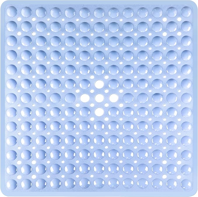 Square Shower Bathtub Mat Non Slip for Inside Shower Light Blue 21x21 Inch, Shower Stall Mats for Bathroom Floor, Soft Bath Mat for Tub with Big Suction Cups Drain Holes, Easy Washable Dry