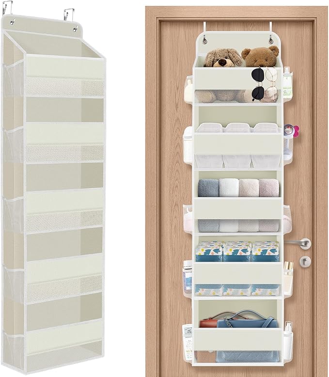 SpaceHacks 1 Pack Over The Door Organizer, Hanging Storage Organizer with Clear Window, 40lb Ultra Sturdy Large Capacity Room Organizer for Pantry Bathroom Nursery Closet Baby Essential (Beige)