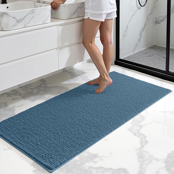 SUBRTEX Bathroom Rugs, 24" x 60" Chenille Bath Rug Soft Short Plush Bath Mat Soft Shower Mat Water Absorbent Shower Mat Quick Dry Machine Washable, Stone Blue