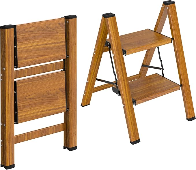 HBTower Step Ladder,Lightweight Aluminum Folding Step Stool with Anti-Slip Wide Pedal,330lbs Capacity Step Ladder for Household,Kitchen,Office - Woodgrain