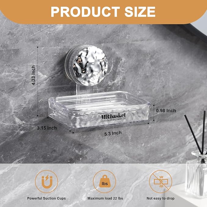 Soap Dish Holder Suction Cup, Wall Mounted Self Draining Soap Case & Sponge Rack, No Drilling Suction Bar Soap Holder for Bathroom, Kitchen Sink