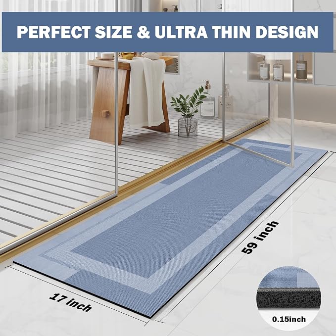 YDKGL Non Slip Long Bathroom Runner Rug Bath Mat, Rubber Backing Ultra Thin Bathroom Rugs Fit Under Door Quick Dry Super Absorbent Washable Shower Mat for Bathtub Sink Floor, Blue 17"x59"
