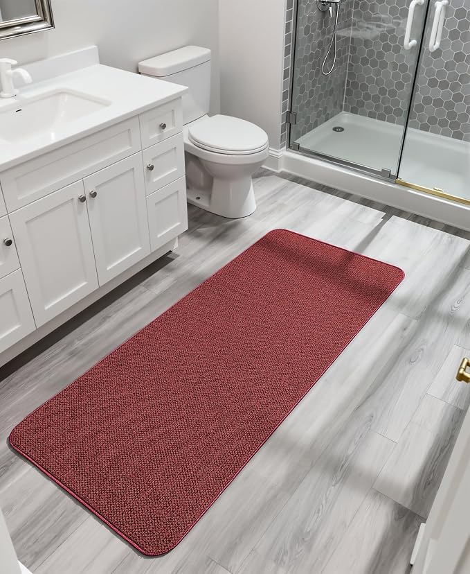 Bosap Bath Mat,Ultra Thin Bathroom Runner Rugs,Large Bath Mats for Bathroom,Quick Dry,Non-Slip,Machine Washable,Low Pile,Bath Rug,Shower Outside,Sink,Home Decor Accessories.Red,2'x5'（24x60inch）