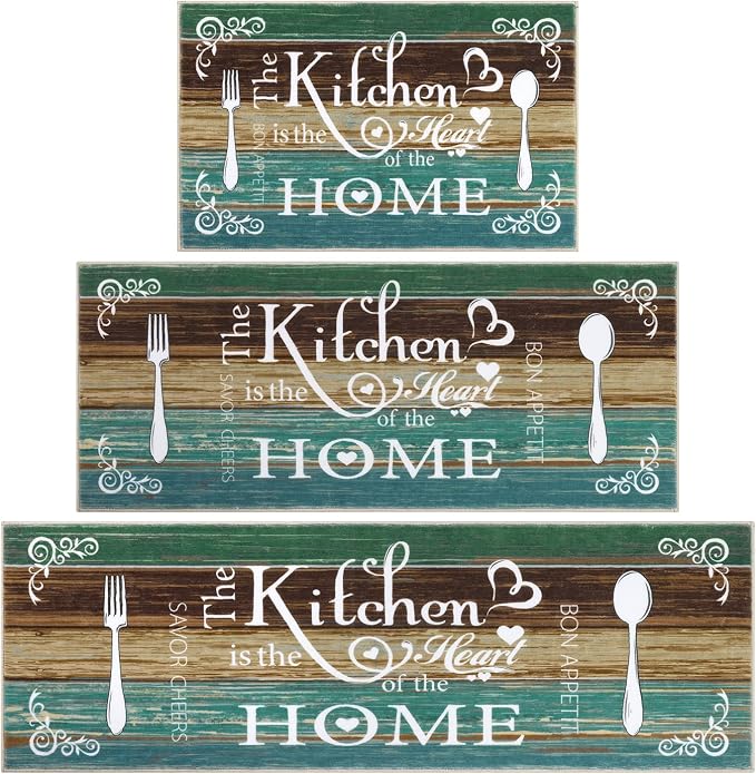 Vaukki Boho Kitchen Rug Sets 3 Pieces, Washable Kitchen Mats for Floor, Non Slip Soft Kitchen Area Rug Floor Mat for Kitchen, Laundry Room and Hallway (Teal, 20''x32''+20''x47''+20''x59'')